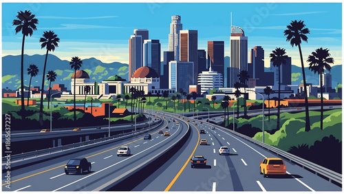 Los Angeles city postcard vector illustration with modern skyline, palm trees, and highways in flat solid colors, clean geometric style, perfect for travel posters, wall art, and branding
