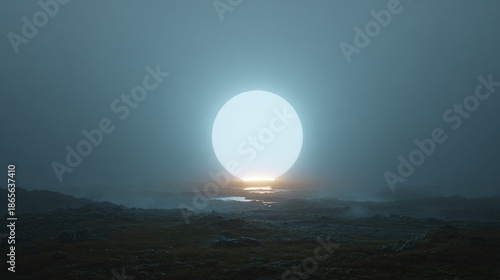 Mysterious luminous sphere hovering above the misty horizon. The image evokes a sense of wonder and the unknown