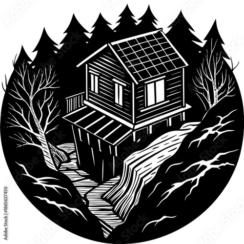 Rumah kayu di tepi ngarai yang dalam dengan retakan
