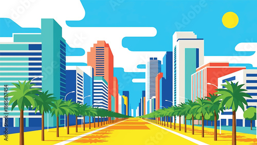 Miami city postcard vector illustration with coastal skyline and palm-lined streets in flat solid colors, clean modern style ideal for travel posters, postcards, and lifestyle branding