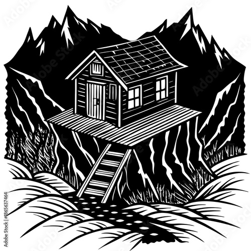 Rumah kayu di tepi ngarai yang dalam dengan retakan
