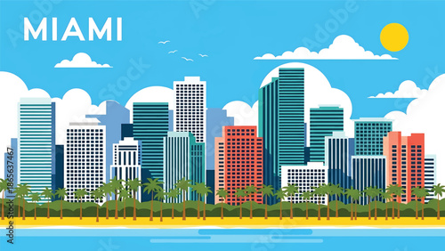 Miami city postcard vector illustration with coastal skyline and palm-lined streets in flat solid colors, clean modern style ideal for travel posters, postcards, and lifestyle branding