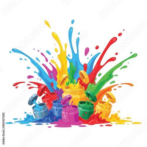 Vibrant paint splatters and buckets overflowing with colorful liquids against a clean white background viewed from directly above