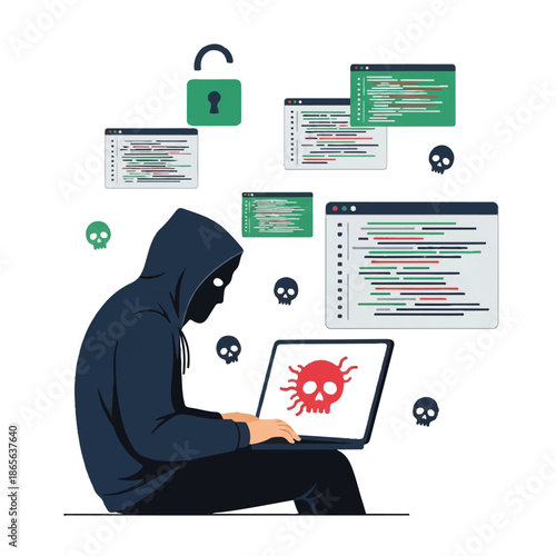 Hacker working on laptop with malicious code surrounded by security threats and coding screens