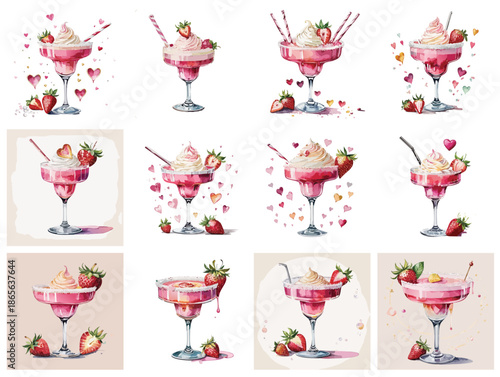Valentine’s Day Strawberry Dessert Drink Illustration Set — Romantic Watercolor Cocktails with Hearts
