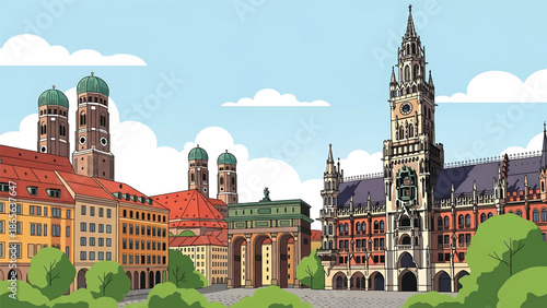 Munich city postcard vector illustration with modern and historic architecture in flat solid colors, clean professional travel poster style for tourism and branding use