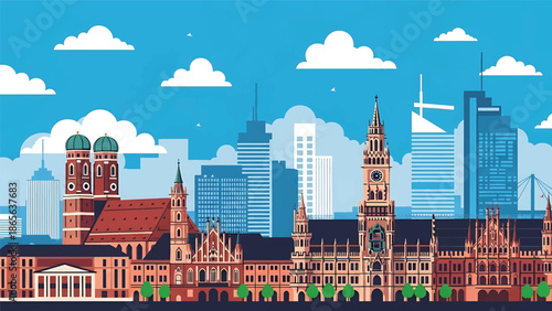 Munich city postcard vector illustration with modern and historic architecture in flat solid colors, clean professional travel poster style for tourism and branding use