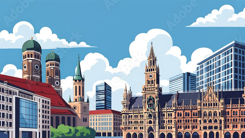 Munich city postcard vector illustration with modern and historic architecture in flat solid colors, clean professional travel poster style for tourism and branding use