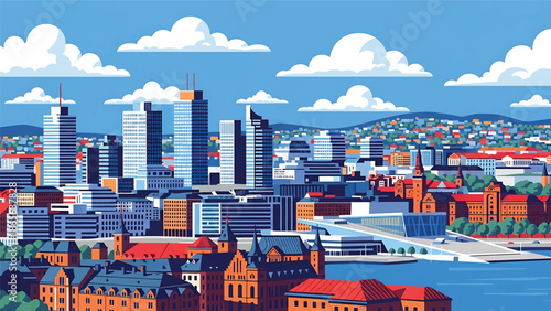 Oslo city postcard vector illustration with fjord and modern skyline in flat solid colors, minimalist Scandinavian travel poster style for tourism and wall decor