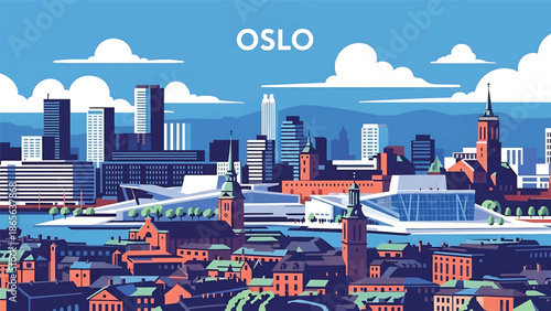 Oslo city postcard vector illustration with fjord and modern skyline in flat solid colors, minimalist Scandinavian travel poster style for tourism and wall decor
