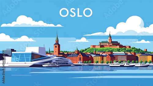 Oslo city postcard vector illustration with fjord and modern skyline in flat solid colors, minimalist Scandinavian travel poster style for tourism and wall decor