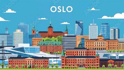 Oslo city postcard vector illustration with fjord and modern skyline in flat solid colors, minimalist Scandinavian travel poster style for tourism and wall decor