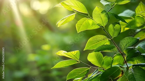 Gentle sunlight filtering through vibrant green leaves, creating a serene atmosphere