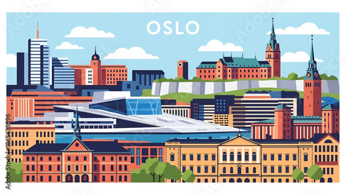 Oslo city postcard vector illustration with fjord and modern skyline in flat solid colors, minimalist Scandinavian travel poster style for tourism and wall decor