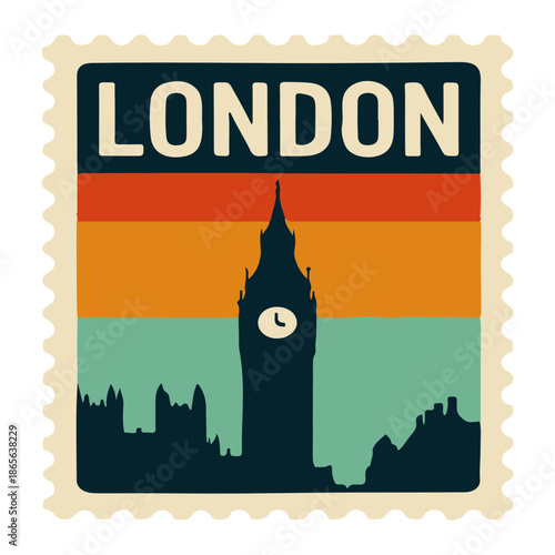 Vibrant London cityscape stamp design with Big Ben silhouette