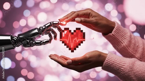 Close-up of robotic hand offering a pixelated heart to a human hand against a colorful, blurred background with bokeh lights.