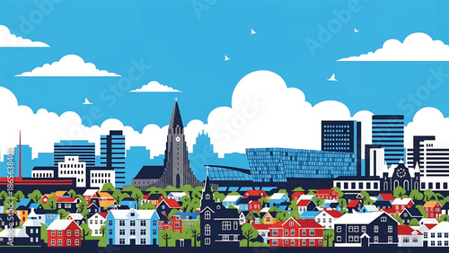 Reykjavik city postcard vector illustration with colorful buildings and natural surroundings in flat solid colors, unique travel poster style for tourism and wall decor