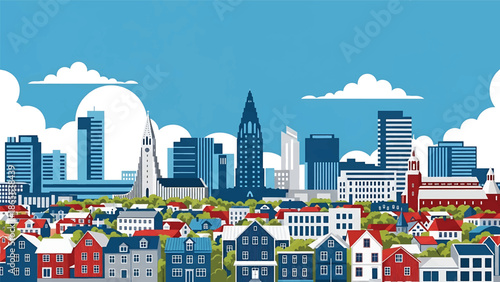 Reykjavik city postcard vector illustration with colorful buildings and natural surroundings in flat solid colors, unique travel poster style for tourism and wall decor
