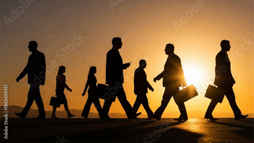 Silhouettes of business people walking forward at sunset.