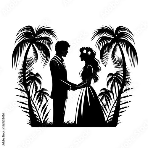 Silhouette of a loving couple sharing a kiss on a tropical beach at sunset with palm trees and sea in the background