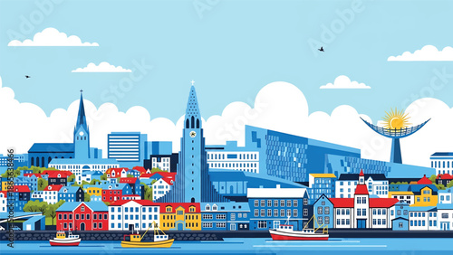 Reykjavik city postcard vector illustration with colorful buildings and natural surroundings in flat solid colors, unique travel poster style for tourism and wall decor