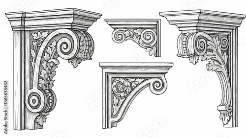 Ornate Architectural Brackets with Scrollwork and Floral Motifs.