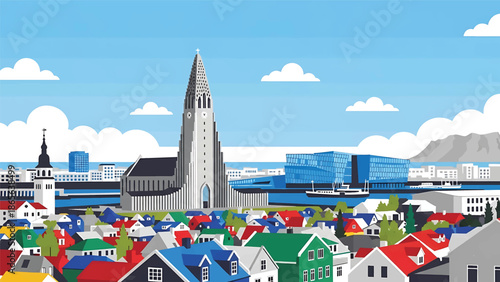 Reykjavik city postcard vector illustration with colorful buildings and natural surroundings in flat solid colors, unique travel poster style for tourism and wall decor