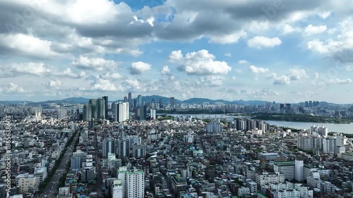 An aerial shot of Mapo-gu, Seoul with a view of the Han River