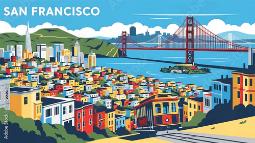 San Francisco city postcard vector illustration featuring hills and iconic bridges in flat solid colors, clean modern design ideal for travel posters, postcards, wall decor, and tourism branding