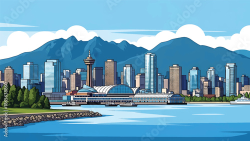 Vancouver city postcard vector illustration with skyline, mountains, and waterfront in flat solid colors, clean modern style created for travel posters, postcards, and wall decor