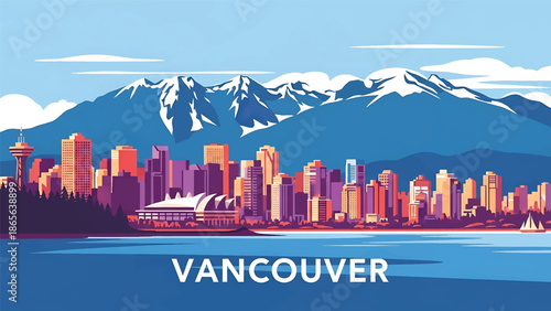 Vancouver city postcard vector illustration with skyline, mountains, and waterfront in flat solid colors, clean modern style created for travel posters, postcards, and wall decor
