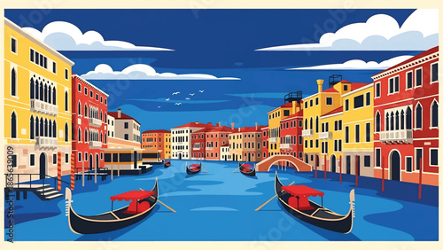 Venice city postcard vector illustration with canals and historic buildings in flat solid colors, romantic travel poster style perfect for tourism, souvenirs, and wall decor