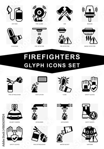 Firefighters glyph icons set. contain fire alarm, beacon, safety goggle, harnes, helmet, fire monitor, hose and more. Vector for modern concept, print, UI, UX kit, web and app development.