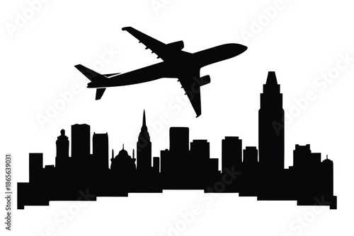 Airplane Takeoff Over City Skyline Silhouette