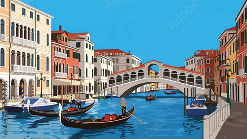 Venice city postcard vector illustration with canals and historic buildings in flat solid colors, romantic travel poster style perfect for tourism, souvenirs, and wall decor