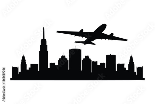 Airplane Takeoff Over City Skyline Silhouette