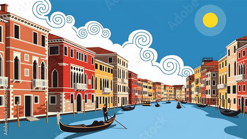 Venice city postcard vector illustration with canals and historic buildings in flat solid colors, romantic travel poster style perfect for tourism, souvenirs, and wall decor