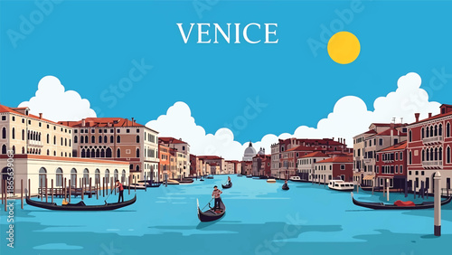 Venice city postcard vector illustration with canals and historic buildings in flat solid colors, romantic travel poster style perfect for tourism, souvenirs, and wall decor