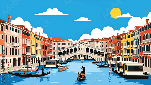 Venice city postcard vector illustration with canals and historic buildings in flat solid colors, romantic travel poster style perfect for tourism, souvenirs, and wall decor