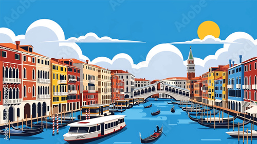 Venice city postcard vector illustration with canals and historic buildings in flat solid colors, romantic travel poster style perfect for tourism, souvenirs, and wall decor