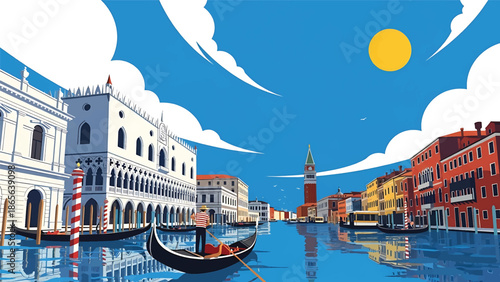 Venice city postcard vector illustration with canals and historic buildings in flat solid colors, romantic travel poster style perfect for tourism, souvenirs, and wall decor