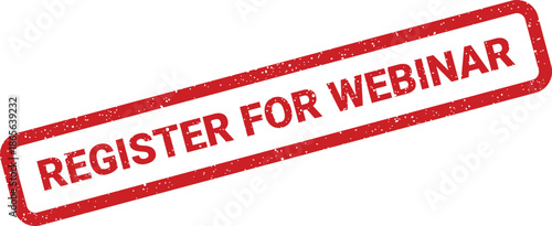 Red textured rubber stamp mark featuring the phrase register for webinar for online educational events