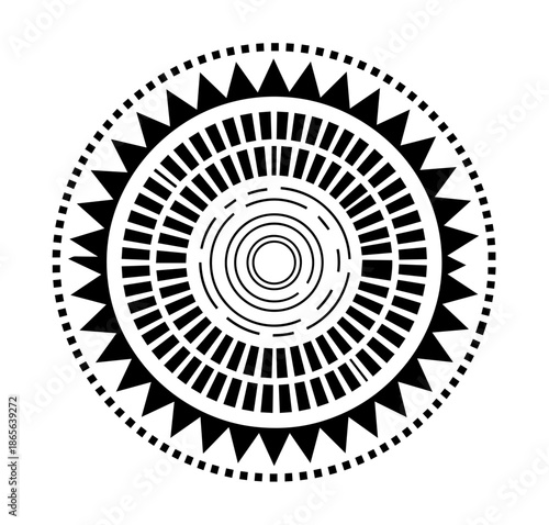 Abstract geometric tribal mandala featuring concentric rings of sharp sunburst triangles, dashed lines, and radial bars in a bold black and white circular ornament for tattoo or logo design
