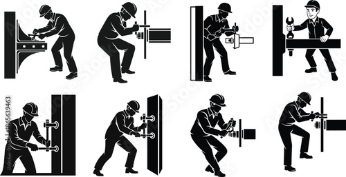 Metalworking construction worker silhouette set, wrench and clamp tools, safety gear, black vector illustration, industrial labor poses
