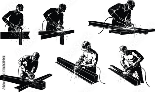 Metal grinding silhouettes, industrial workers, power tools, safety gear, sparks flying, construction site, black outline, cutting action, labor, machinery
