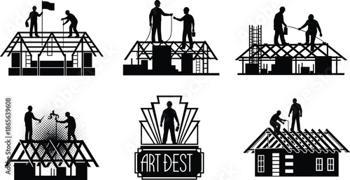 Rooftop construction silhouettes, worker teamwork, tool handling, rope transfer, scaffolding, black outline, building frame, posture, gear, architectural theme