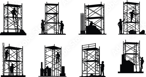 Scaffolding silhouettes, construction workers, climbing ladders, working platforms, safety gear, industrial site, black outline, building materials, teamwork, posture