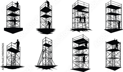 Scaffolding silhouettes, construction workers, working platforms, climbing ladders, safety gear, industrial site, black outline, building structure, teamwork, posture