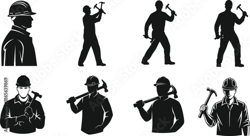 Stylized silhouettes of construction workers with hammers, hard hats, tool usage, posture, safety gear, manual labor, industrial job