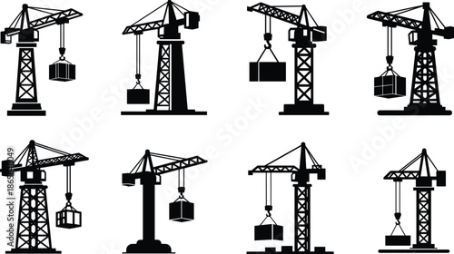 Tower crane silhouette icon set, lifting load graphics, construction machinery vector, black industrial equipment illustration, engineering design